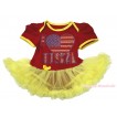 American's Birthday Red Baby Bodysuit Yellow Pettiskirt & Sparkle Rhinestone I Love USA Print JS4481